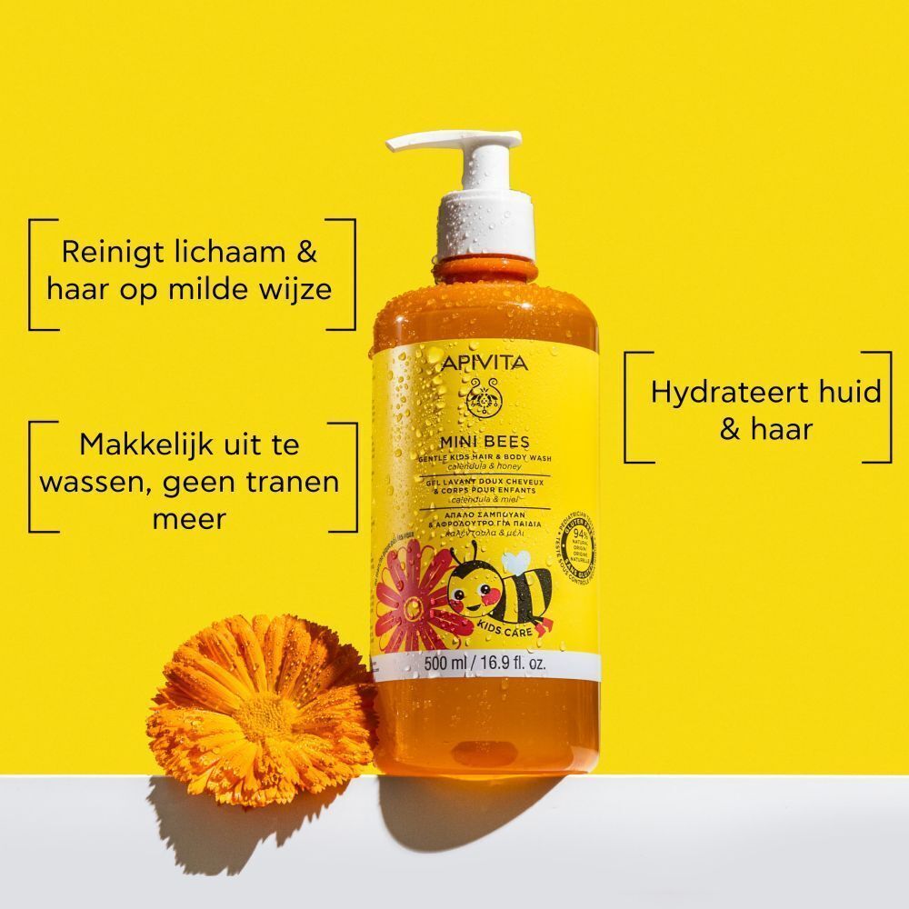 Fles haar- en bodywash voor kinderen met geel etiket en witte pomp. Tekst: zachte reiniging, hydrateert.