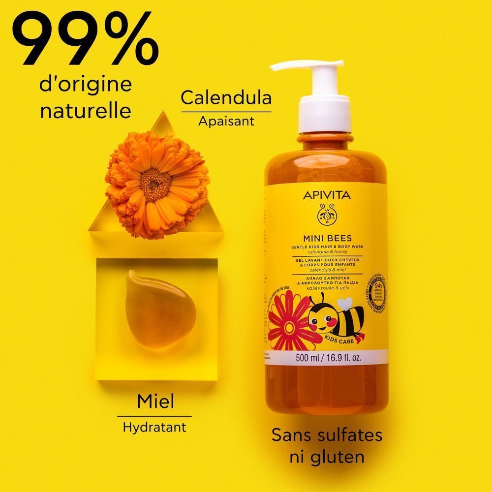 Flacon de gel lavant pour enfants avec étiquette jaune. Ingrédients : calendula, miel. 99% d'origine naturelle.