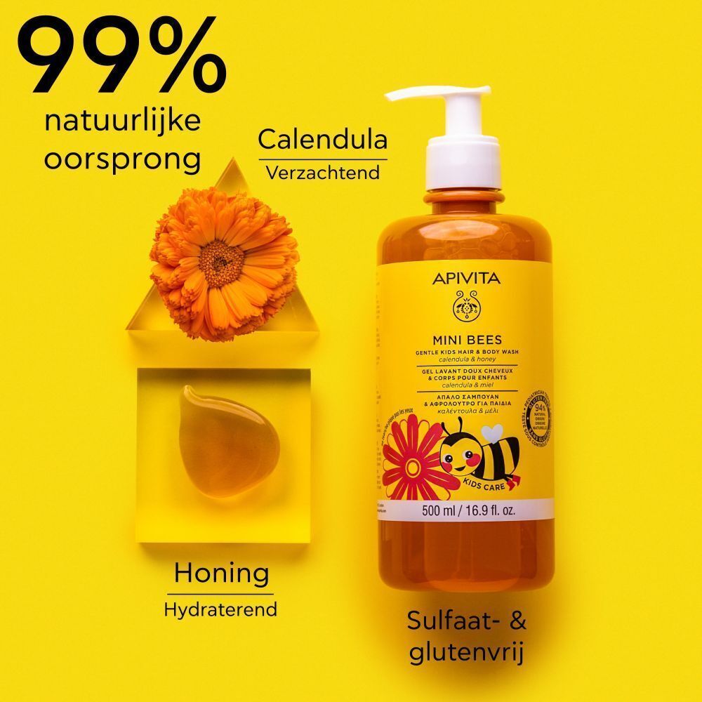 Fles haar- en bodywash voor kinderen met geel etiket. Ingrediënten: calendula, honing. 99% natuurlijke oorsprong.