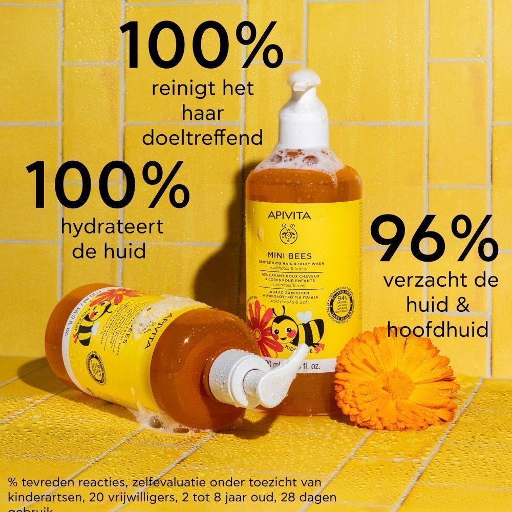 Twee flessen haar- en bodywash voor kinderen. Tekst: 100% reinigt, 100% hydrateert, 96% verzacht. Gele achtergrond.