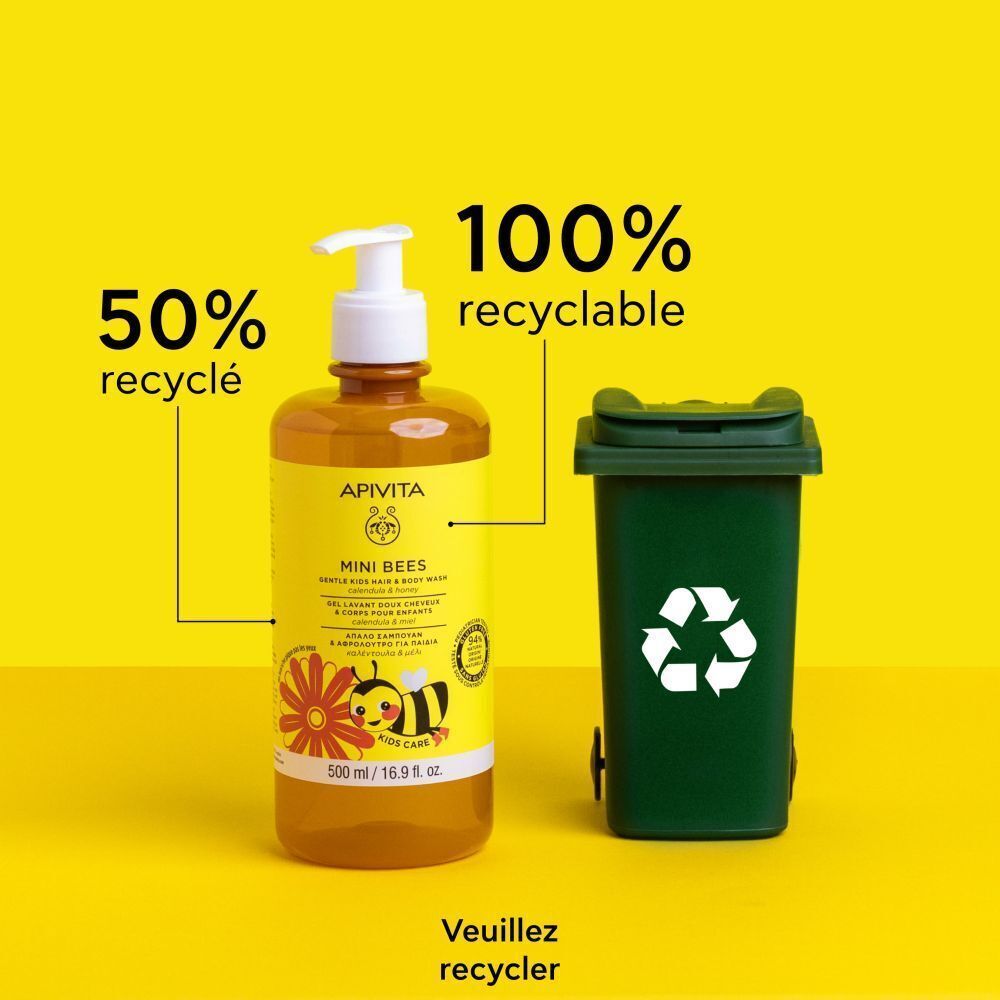 Flacon de gel lavant pour enfants à côté d'une poubelle verte avec symbole de recyclage. 50% recyclé, 100% recyclable.
