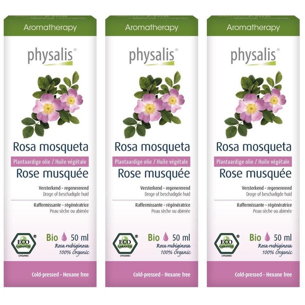 Trois flacons d'huile Physalis® Rose Musquée. Étiquettes vertes et blanches avec motif floral et texte. Certification Bio.