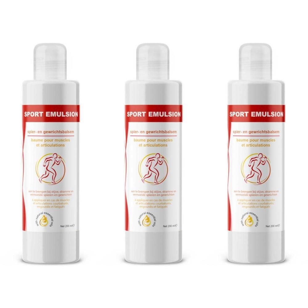 Trois flacons blancs avec l'inscription rouge SPORT EMULSION. Chaque flacon présente un symbole de coureur et du texte multilingue.