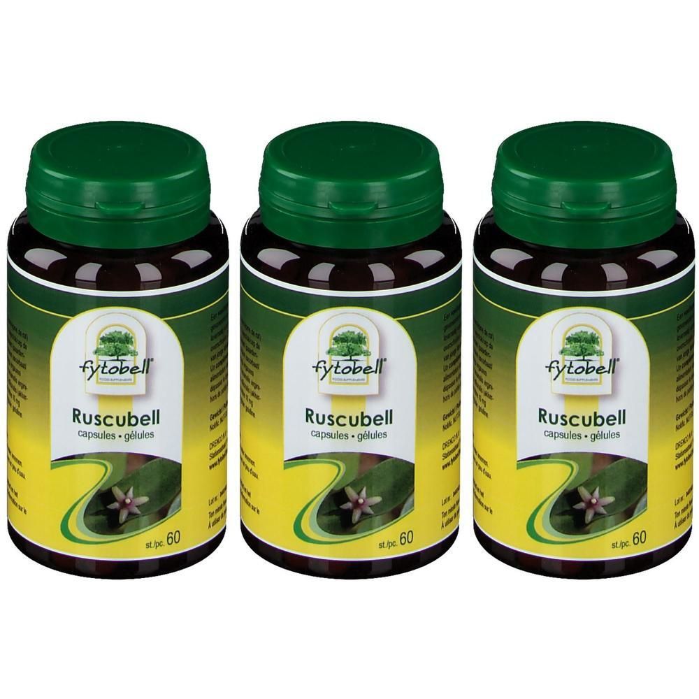 Trois flacons de Fytobell Ruscubell. Flacons bruns avec bouchon vert et étiquette. Inscription: Ruscubell, capsules + gélules.