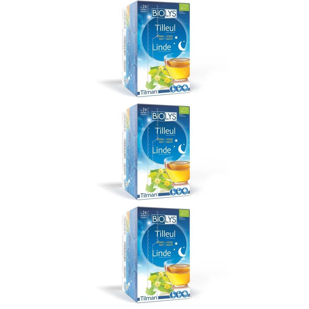 Drie dozen Biolys Tilleul. Blauwe verpakking met productnaam, kopje thee en maan. Bio-label.