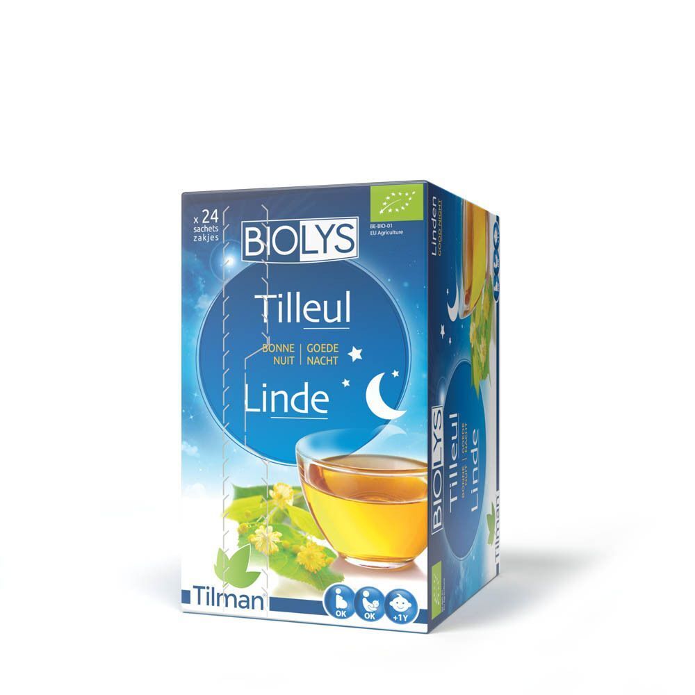 Doos Biolys Tilleul. Blauwe verpakking met productnaam, kopje thee en maan. Bio-label. Merk Tilman.