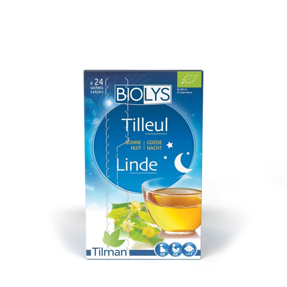 Boîte de Biolys Tilleul. Emballage bleu avec nom du produit, tasse de thé et lune. Label bio. Marque Tilman.