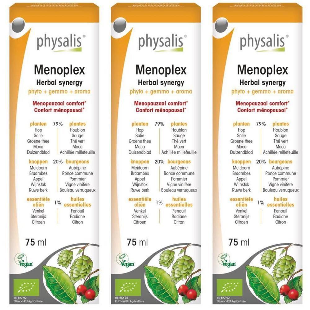Drie flessen Physalis Menoplex. Opschrift: Herbal synergy, Menopauzaal comfort. Met bio-label en 75 ml volume.