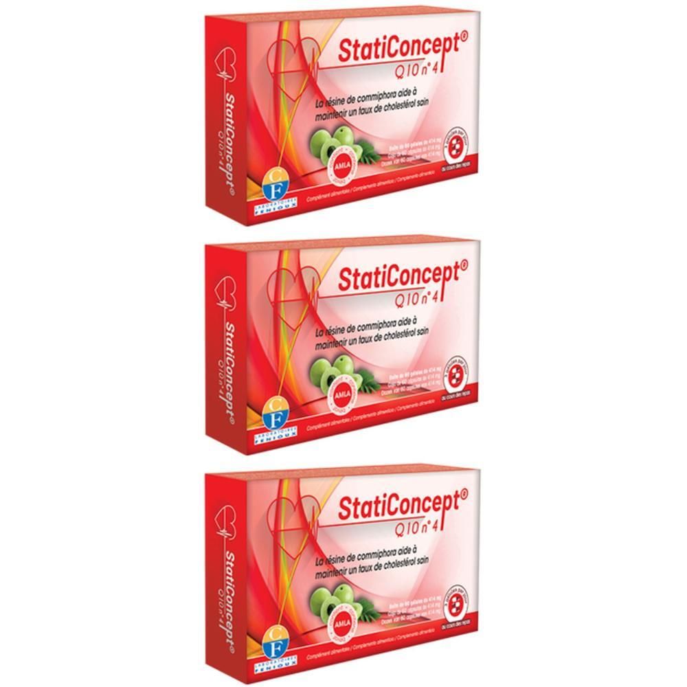 Drie dozen StatiConcept Q10 n°4. Rode verpakking met productnaam en logo. Franse tekst.