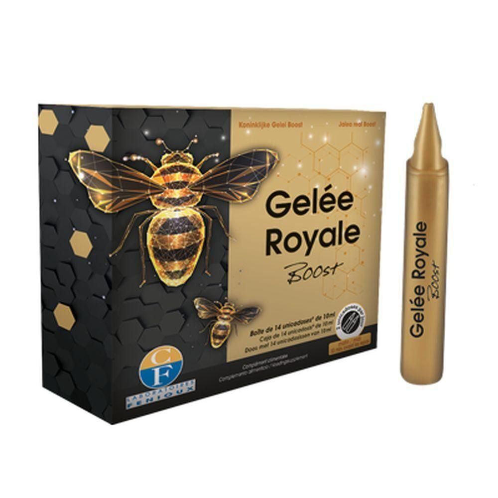 Doos en ampul met Gelée Royale Boost. Op de doos staat een afbeelding van een bij.