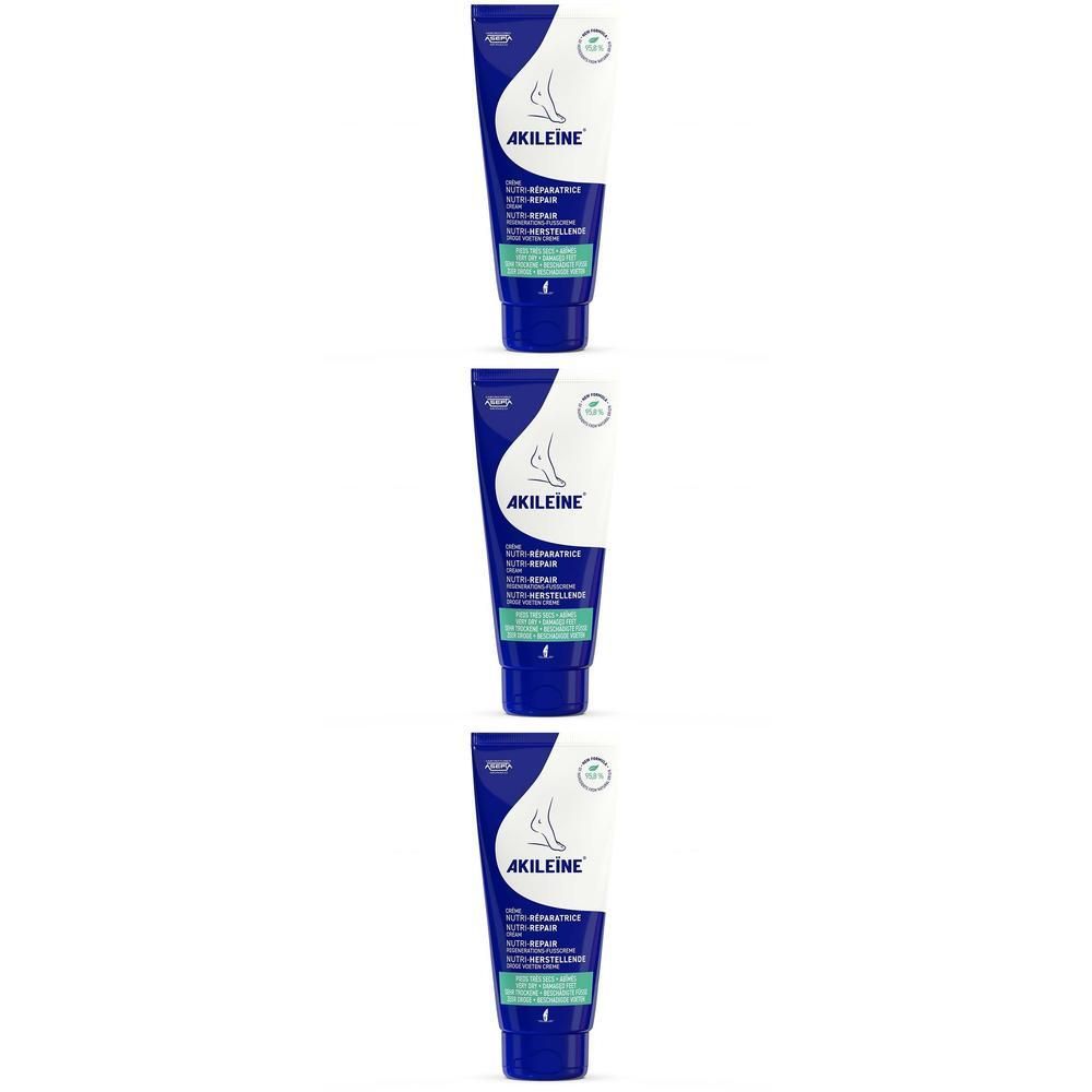 Trois tubes de crème Akileïne Nutri-Réparatrice. Tube bleu avec bouchon blanc et inscription. Inscription verte et blanche.