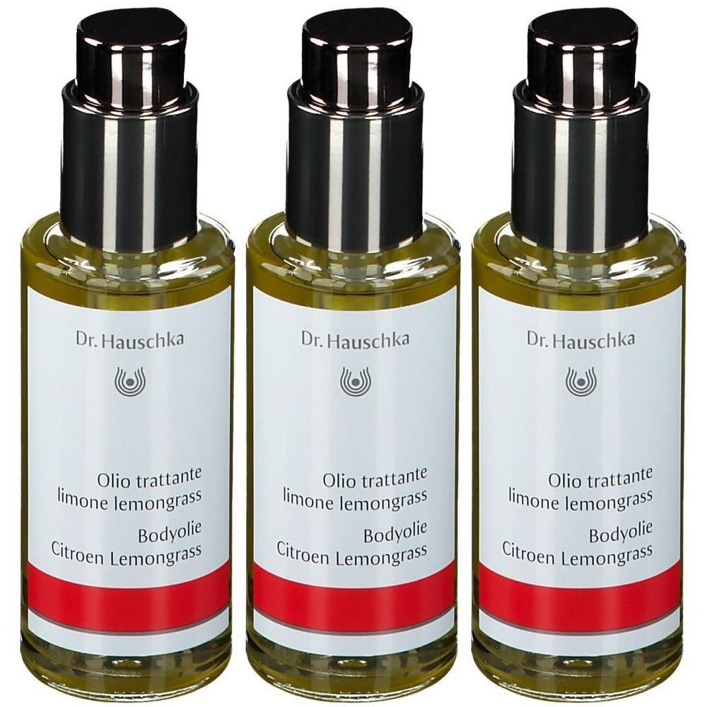 Trois flacons avec bouchons argentés. Les étiquettes indiquent "Dr. Hauschka" et "Olio trattante limone lemongrass".