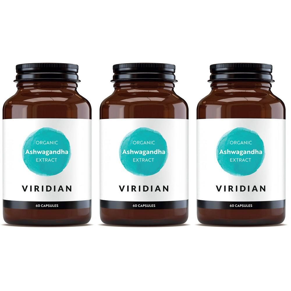 Trois flacons en verre brun avec des couvercles noirs. Les étiquettes indiquent "Organic Ashwagandha Extract" et "Viridian".