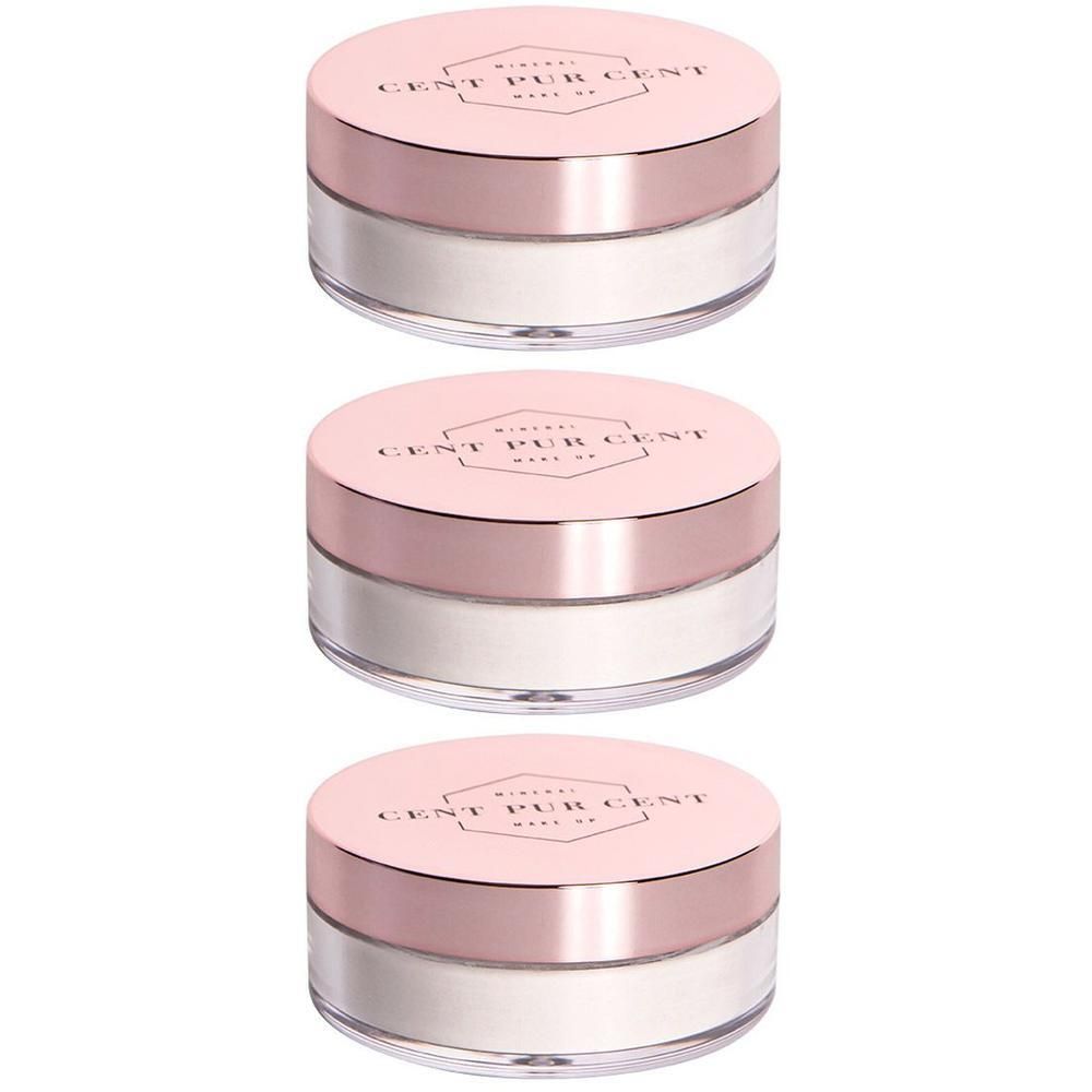 Trois contenants ronds avec couvercles roses. Inscription "Cent Pur Cent Make Up" sur les couvercles.