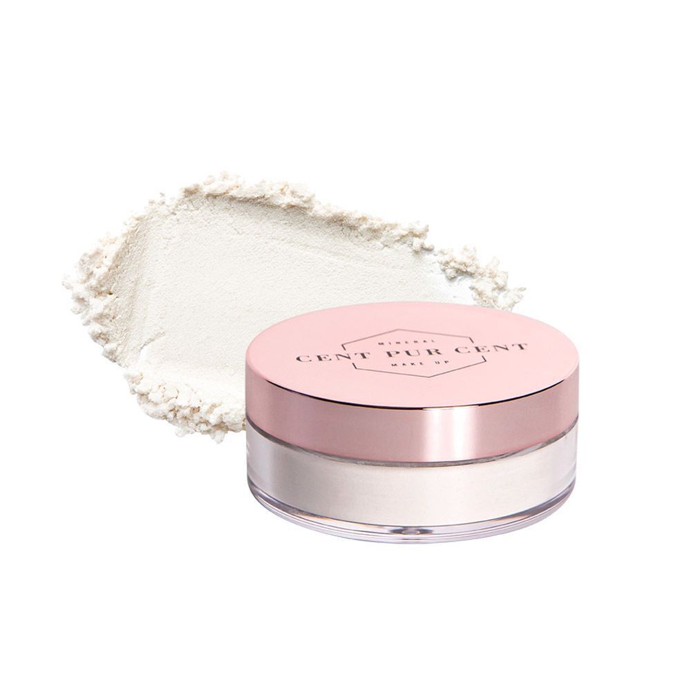 Un contenant rond avec couvercle rose et texte "Cent Pur Cent Make Up". À côté, une trace de poudre.