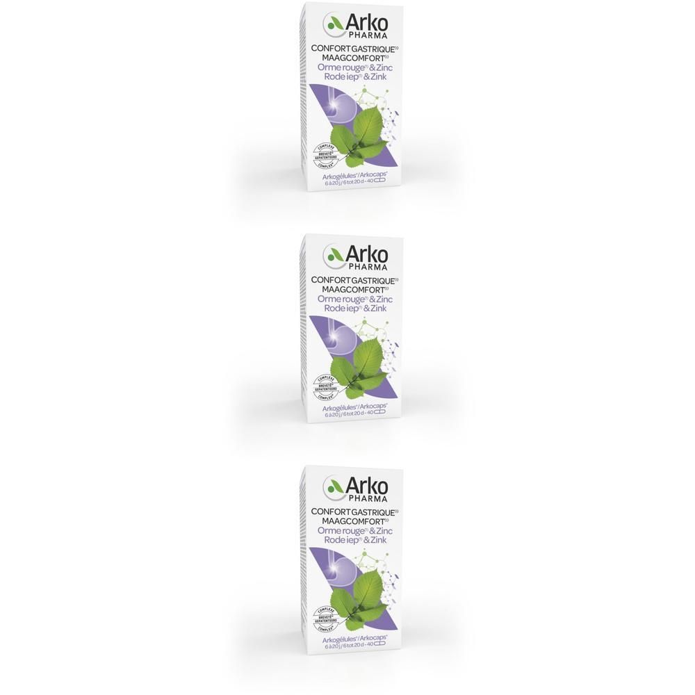 Trois boîtes blanches. Inscription: Arkopharma, Confort Gastrique, Maagcomfort, Orme Rouge & Zinc. Illustration: feuilles et fleurs violettes.