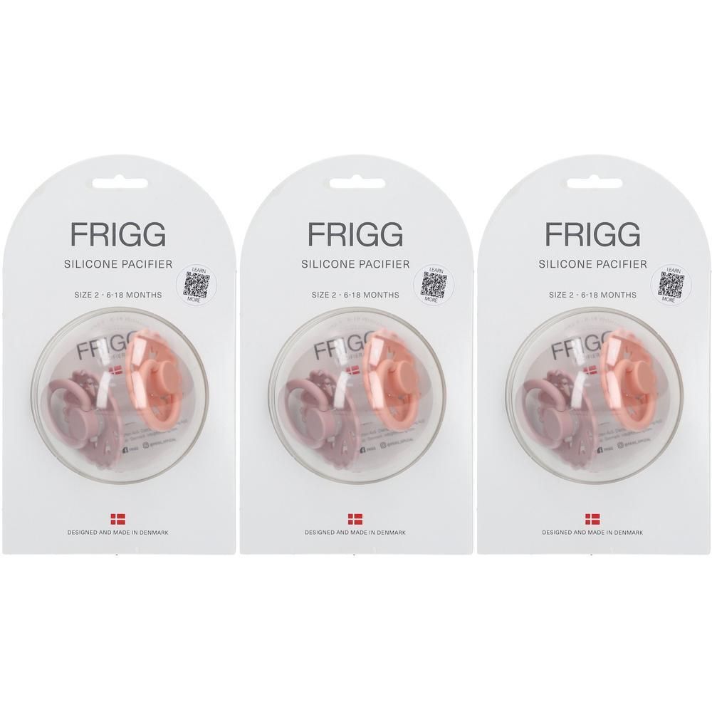 Trois emballages de sucettes. Chaque emballage contient deux sucettes roses et lilas. Marque FRIGG, sucette en silicone, taille 6-18 mois.