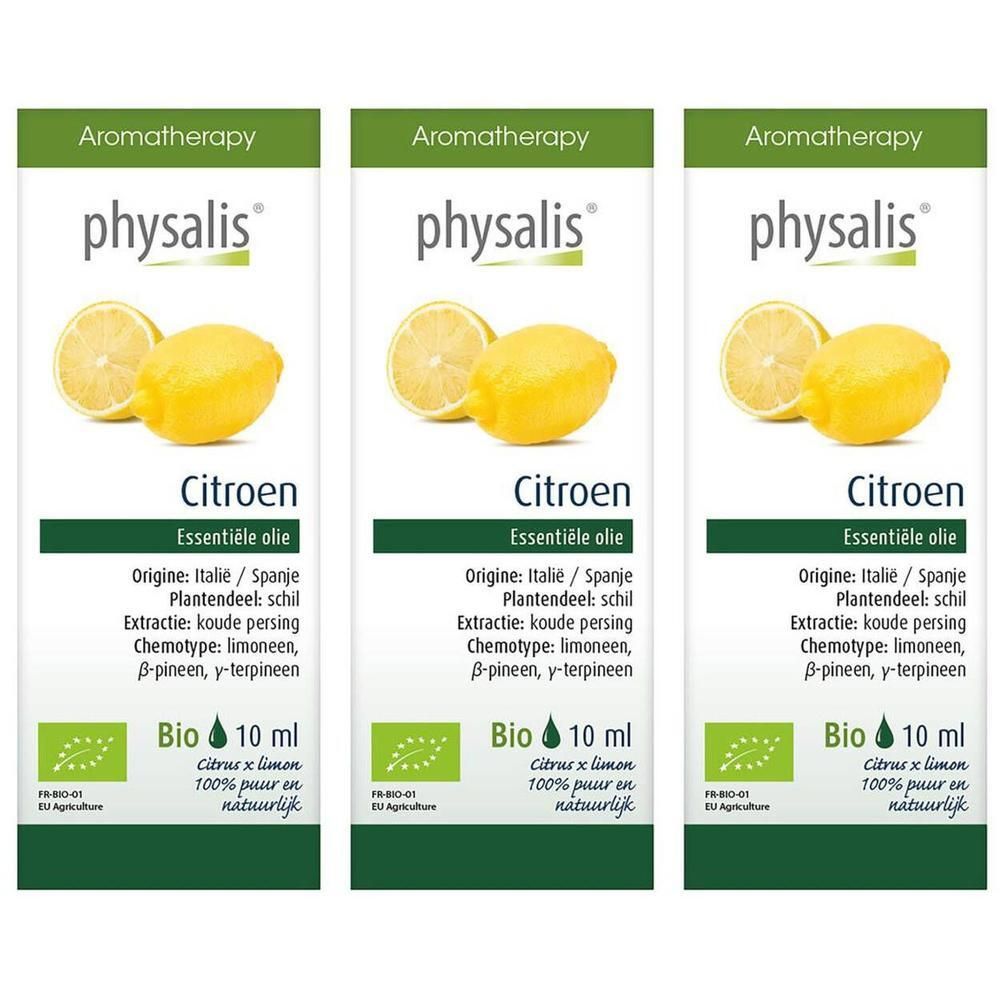 Trois flacons avec étiquettes. Inscription : Physalis Citroen Essentiële olie. Certification Bio. Illustration de citrons.