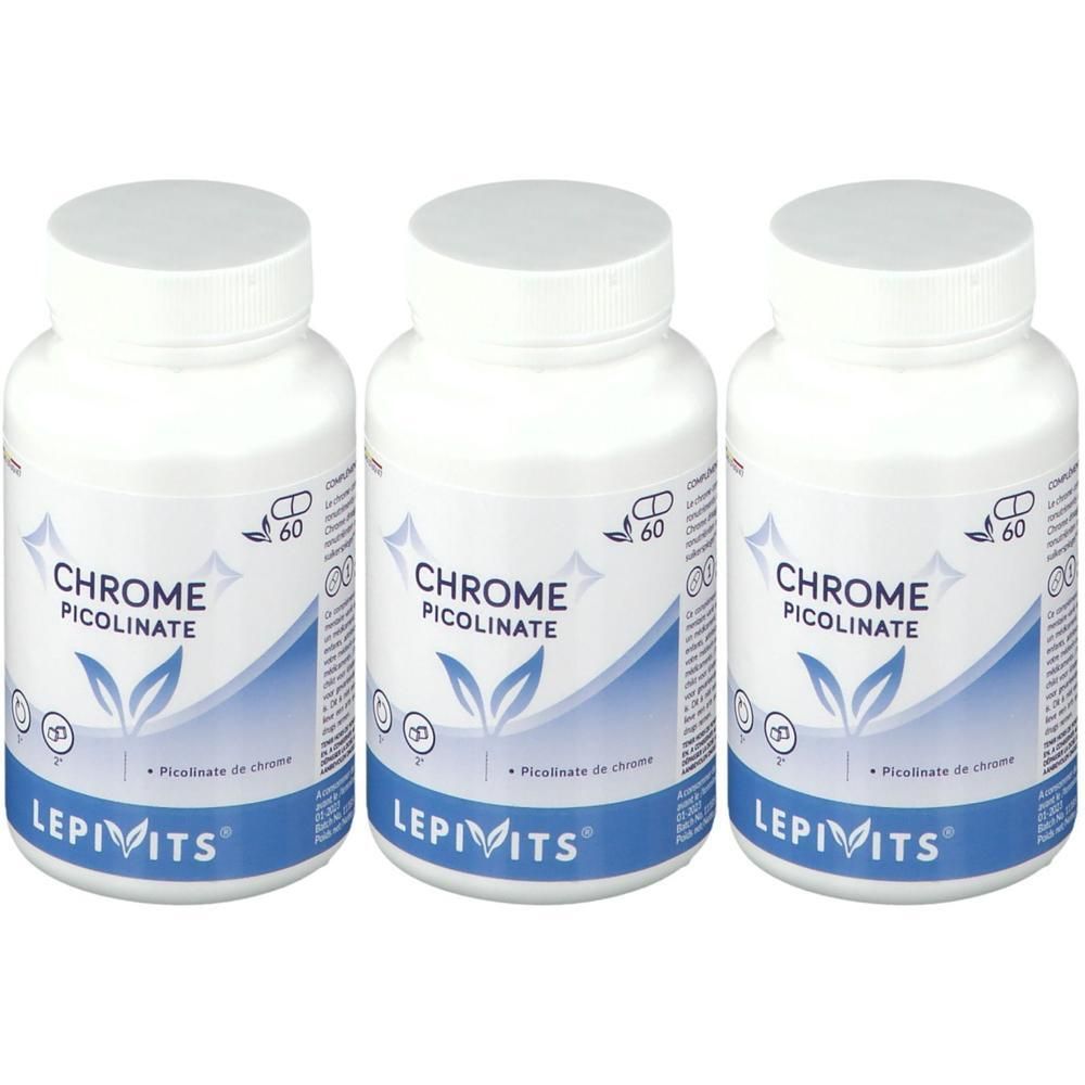 Drie witte flessen met schroefdop. Opschrift: Chrome Picolinate, Lepivits. Elke fles bevat 60 capsules.