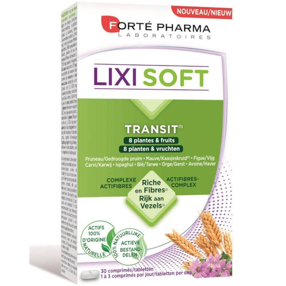 Boîte de Lixi Soft. Inscription: Transit, 8 plantes & fruits. Contient Actifibres-Complex. 30 comprimés. Marque: Forté Pharma.
