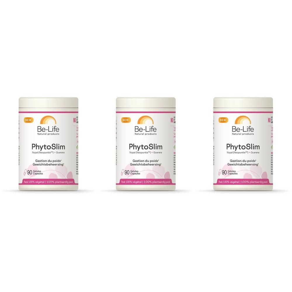 Drie witte potten met roze etiketten. Opschrift: Be-Life PhytoSlim, 90 capsules. Tekst in het Frans en Duits.