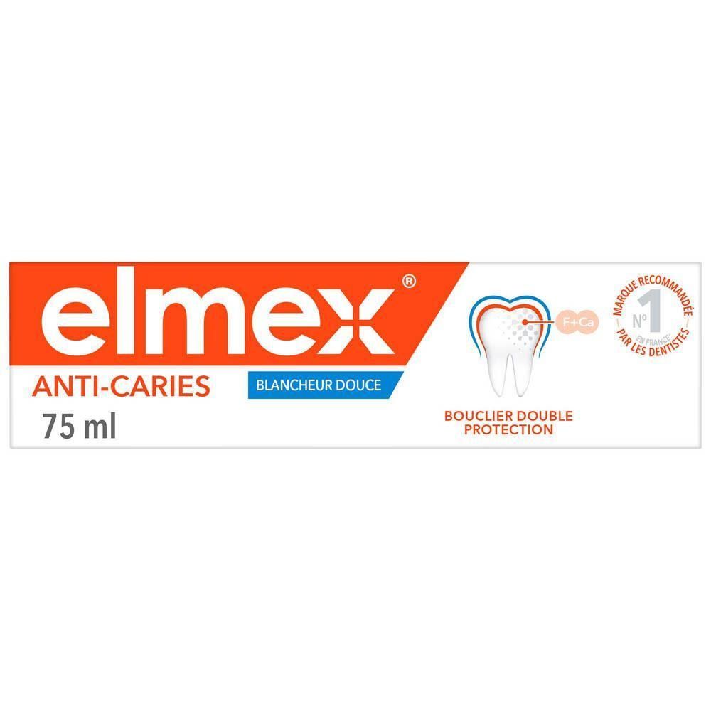 Tube de dentifrice elmex® Anti-Caries Blancheur Douce. Orange et blanc. Texte: Anti-Caries, Blancheur Douce, 75 ml.