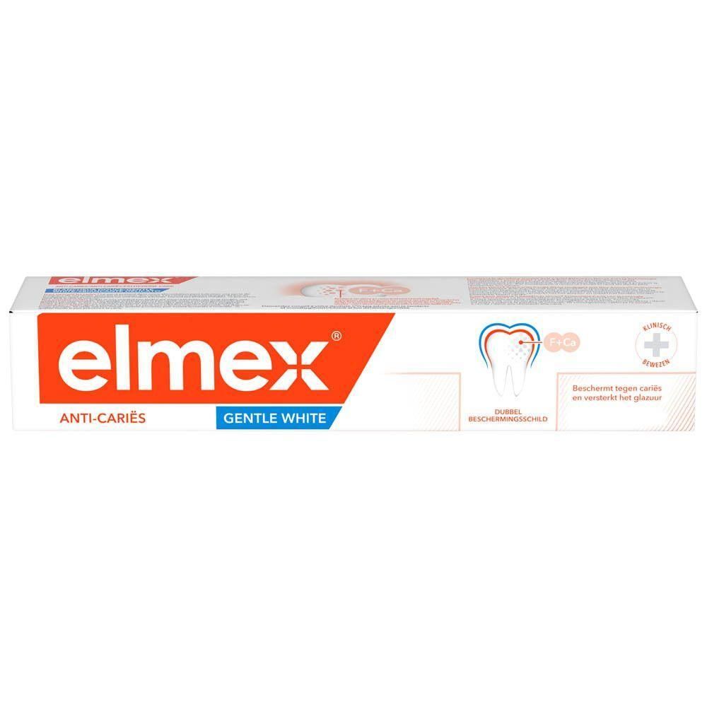 Tandpastatube elmex® Anti-Caries Gentle White. Oranje en wit. Tekst: Anti-Caries, Gentle White.