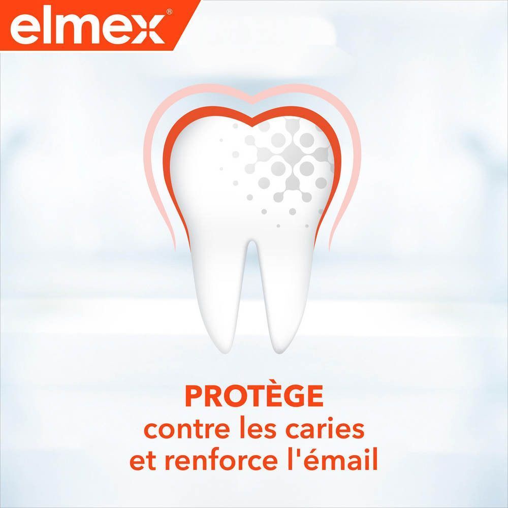 Illustration d'une dent avec un cœur rouge. Texte: Protège contre les caries et renforce l'émail.