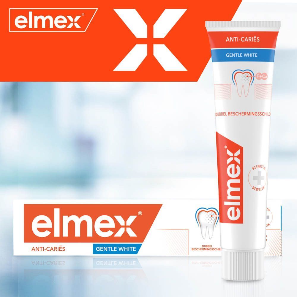 Tandpasta tube en verpakking elmex® Anti-Caries Gentle White. Wit, oranje. Tekst: Anti-Caries, Gentle White.