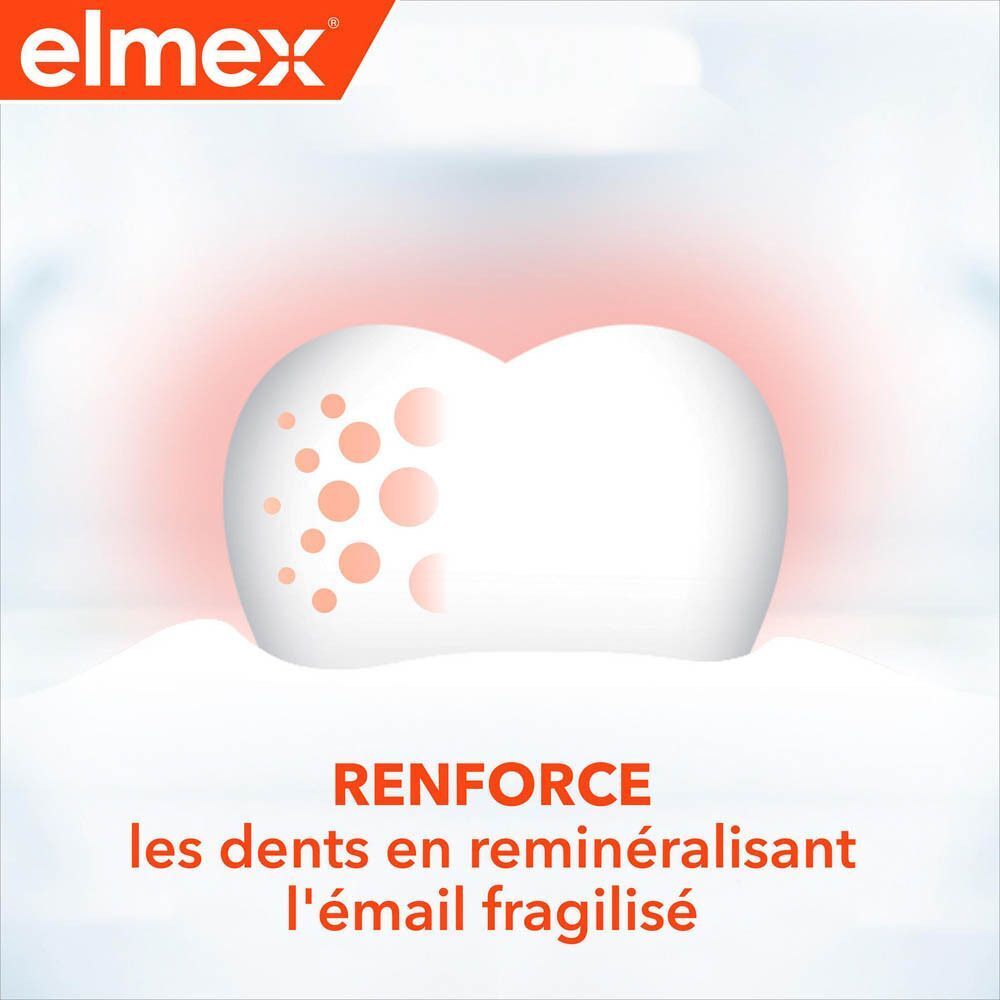 Illustration d'une dent avec une zone rouge. Texte: Renforce les dents en reminéralisant l'émail fragilisé.
