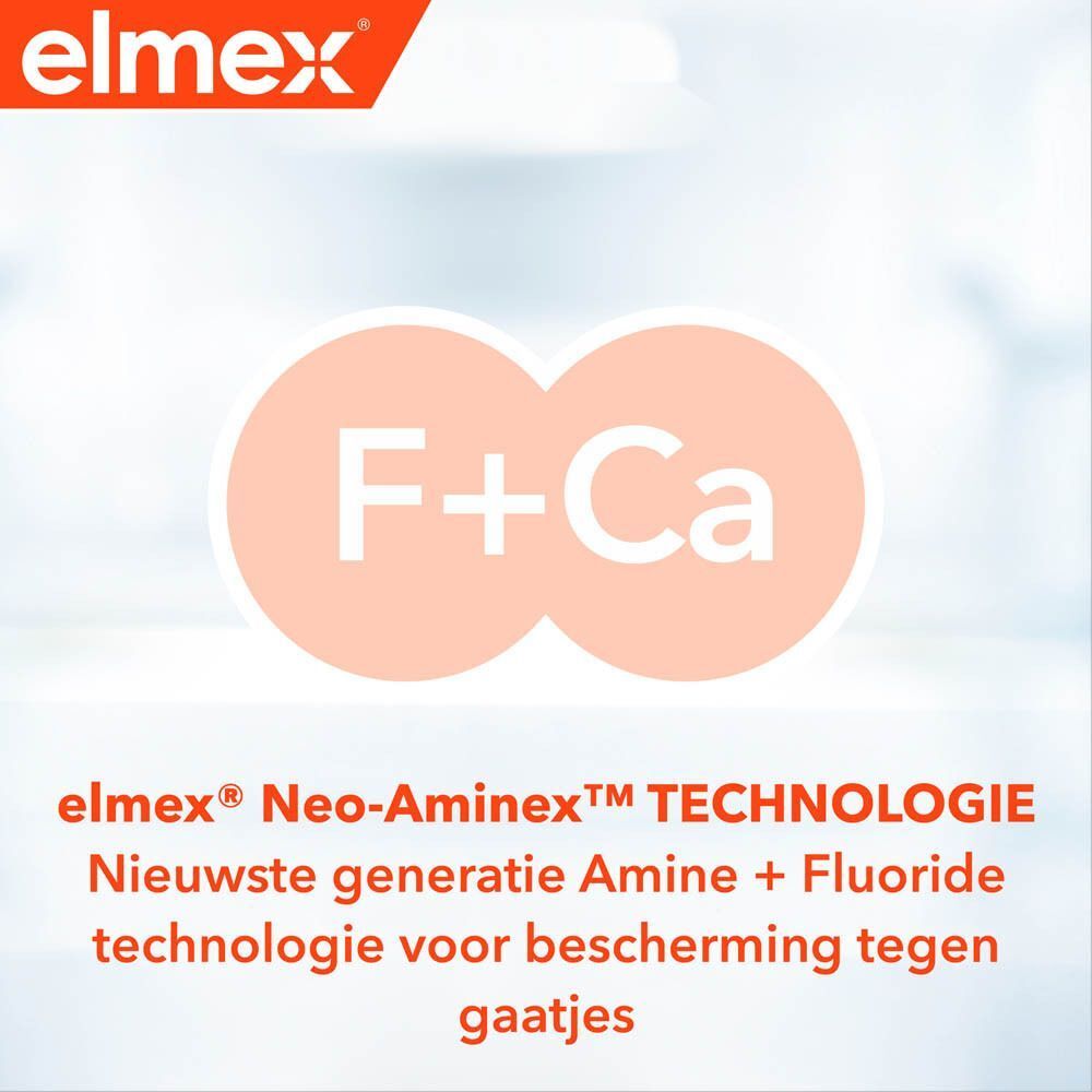 Illustratie met F+Ca. Tekst: elmex® Neo-Aminex™ TECHNOLOGIE. Nieuwste generatie Amine + Fluoride.