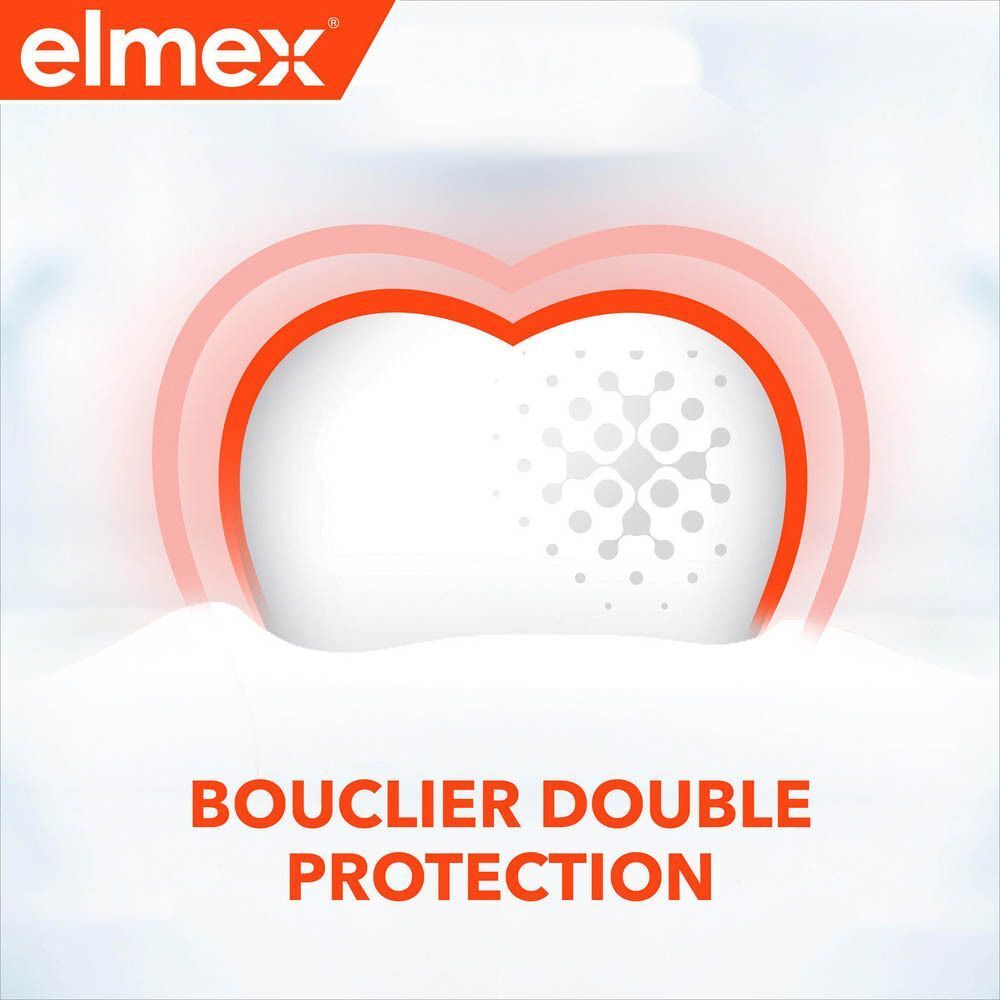 Illustration d'une dent avec un cœur rouge. Texte: Bouclier Double Protection.