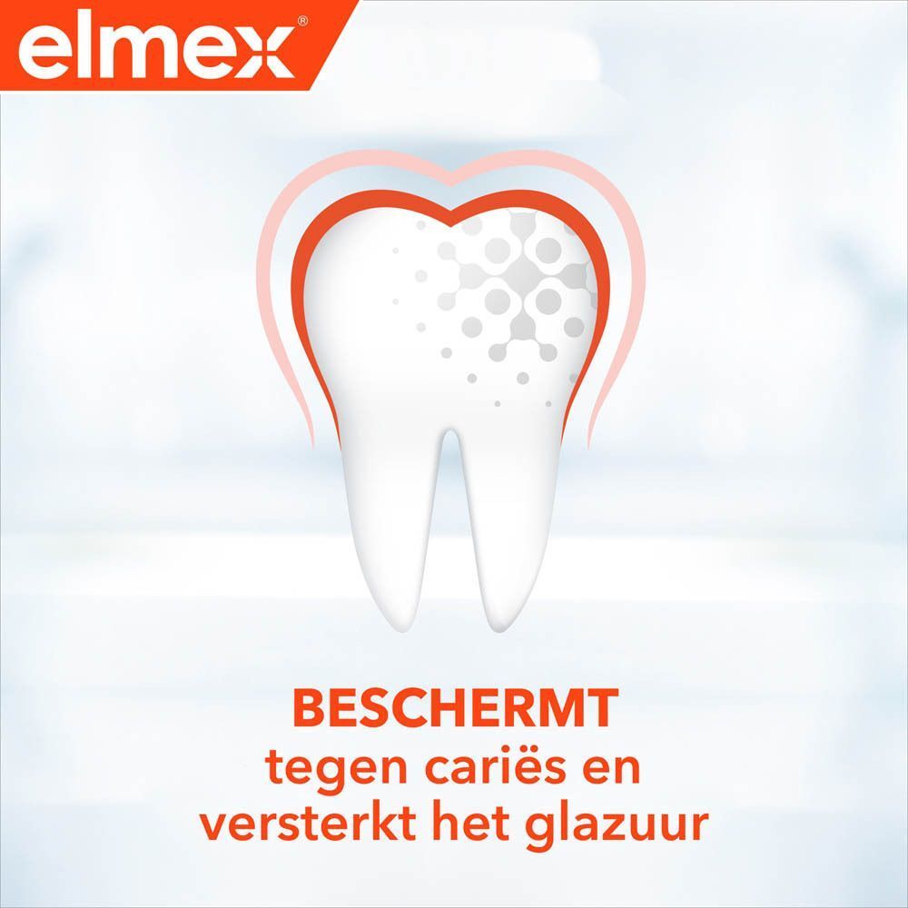 Illustratie van een tand met een rood hart. Tekst: Beschermt tegen cariës en versterkt het glazuur.