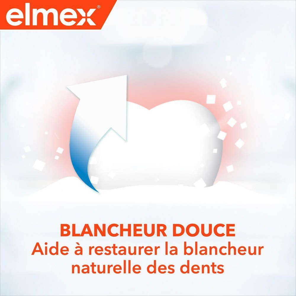 Illustration d'une dent avec une flèche. Texte: Blancheur Douce. Aide à restaurer la blancheur naturelle des dents.