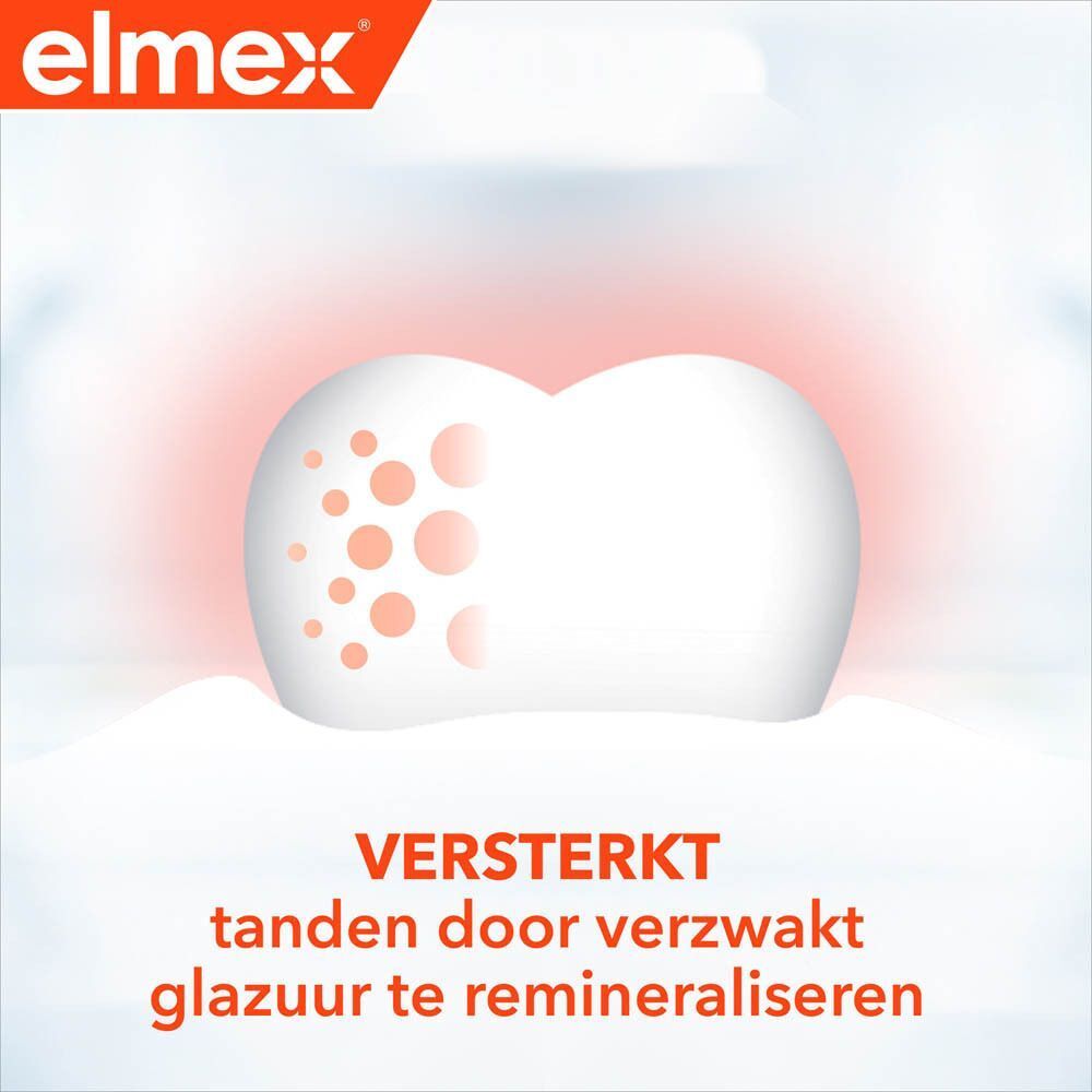 Illustratie van een tand met een rood gebied. Tekst: Versterkt tanden door verzwakt glazuur te remineraliseren.