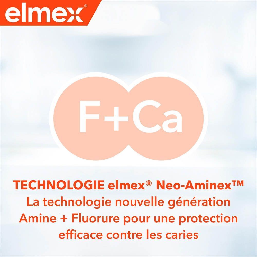 Illustration avec F+Ca. Texte: Technologie elmex® Neo-Aminex™. Protection efficace contre les caries.