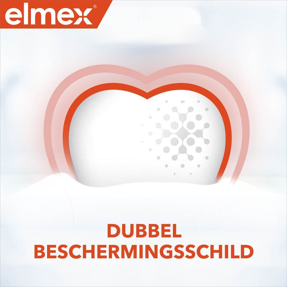 Illustratie van een tand met een rood hart. Tekst: Dubbel Beschermingsschild.