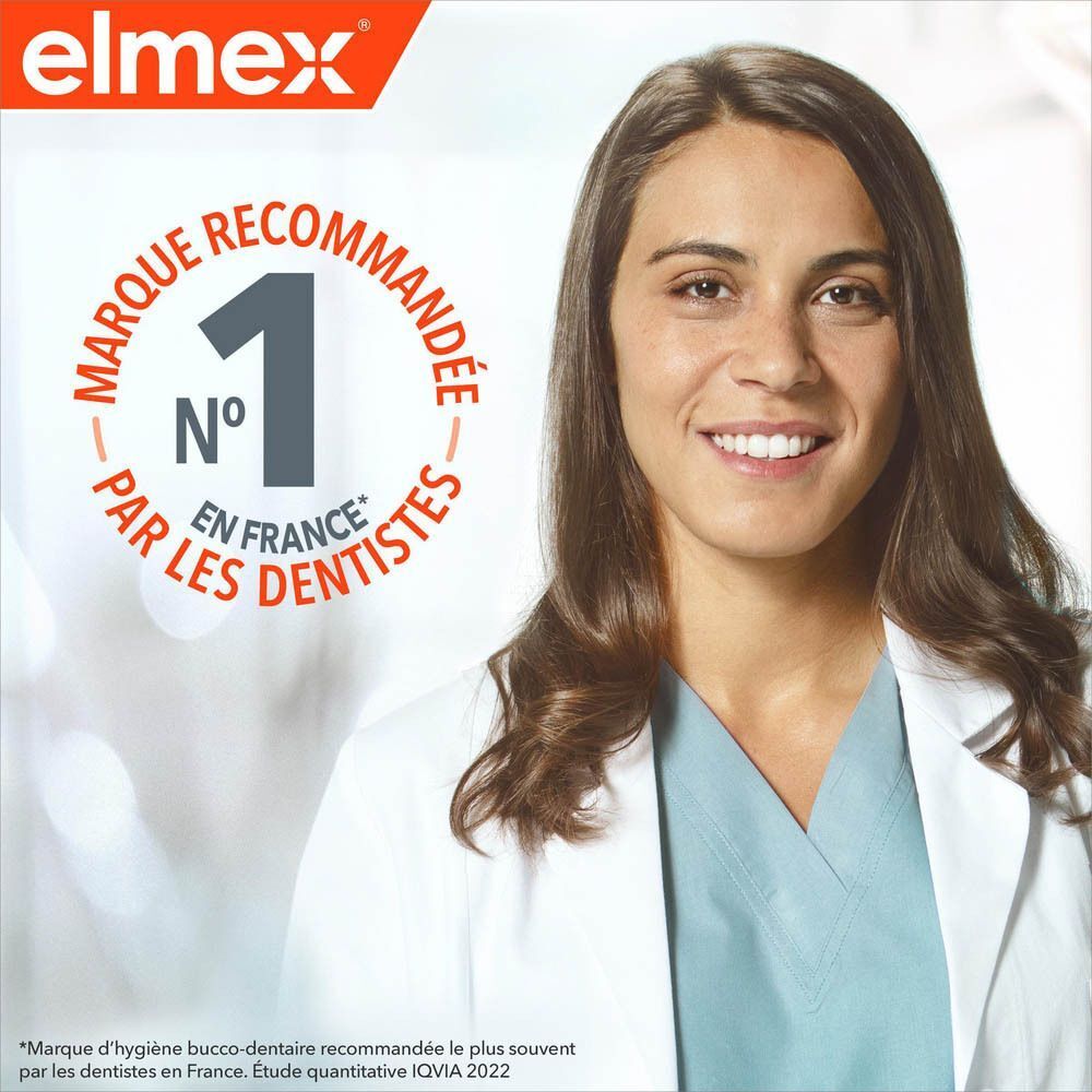 Femme en blouse blanche. Texte: Marque recommandée par les dentistes. N°1 en France.