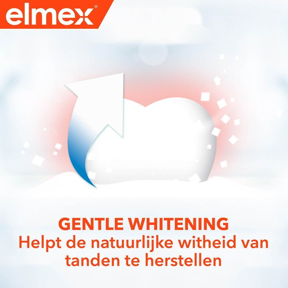 Illustratie van een tand met een pijl. Tekst: Gentle Whitening. Helpt de natuurlijke witheid van tanden te herstellen.