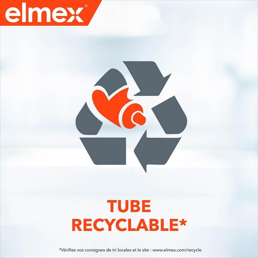 Symbole de recyclage avec un tube de dentifrice. Texte: Tube Recyclable*.