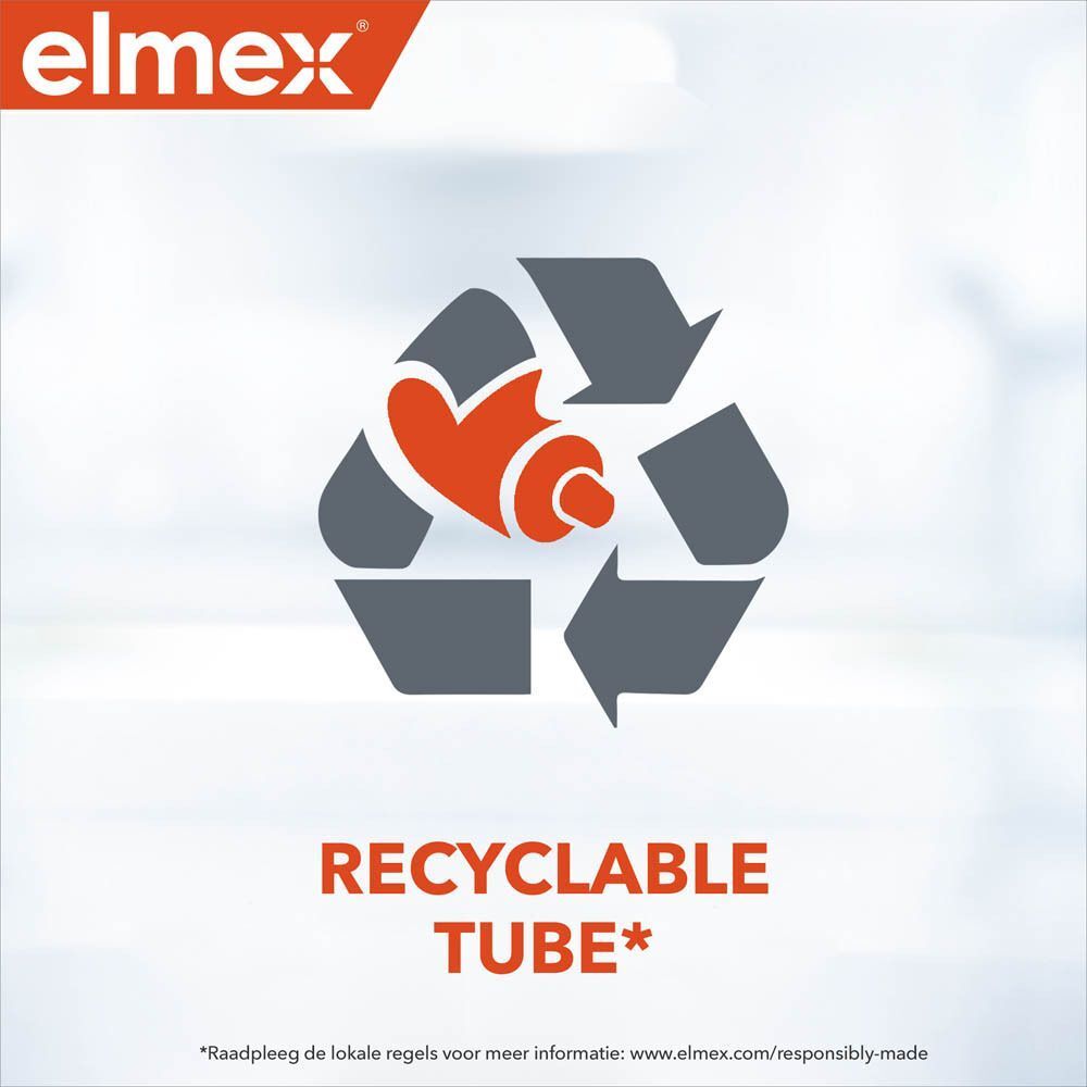Recycling symbool met tandpastatube. Tekst: RECYCLABLE TUBE*.