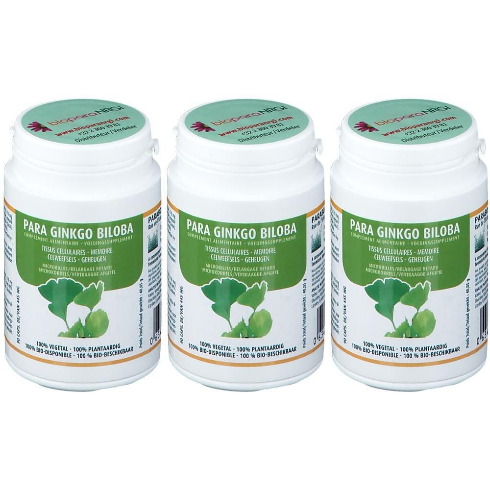 Trois pots blancs avec étiquettes vertes. Inscription : Para Ginkgo Biloba. Logo feuille de ginkgo. Couvercles avec logo.