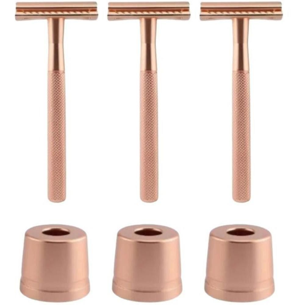 Drie roze gouden scheermessen en houders. Gekartelde handgrepen. Conische houders. Scheermessen met T-vormige kop.