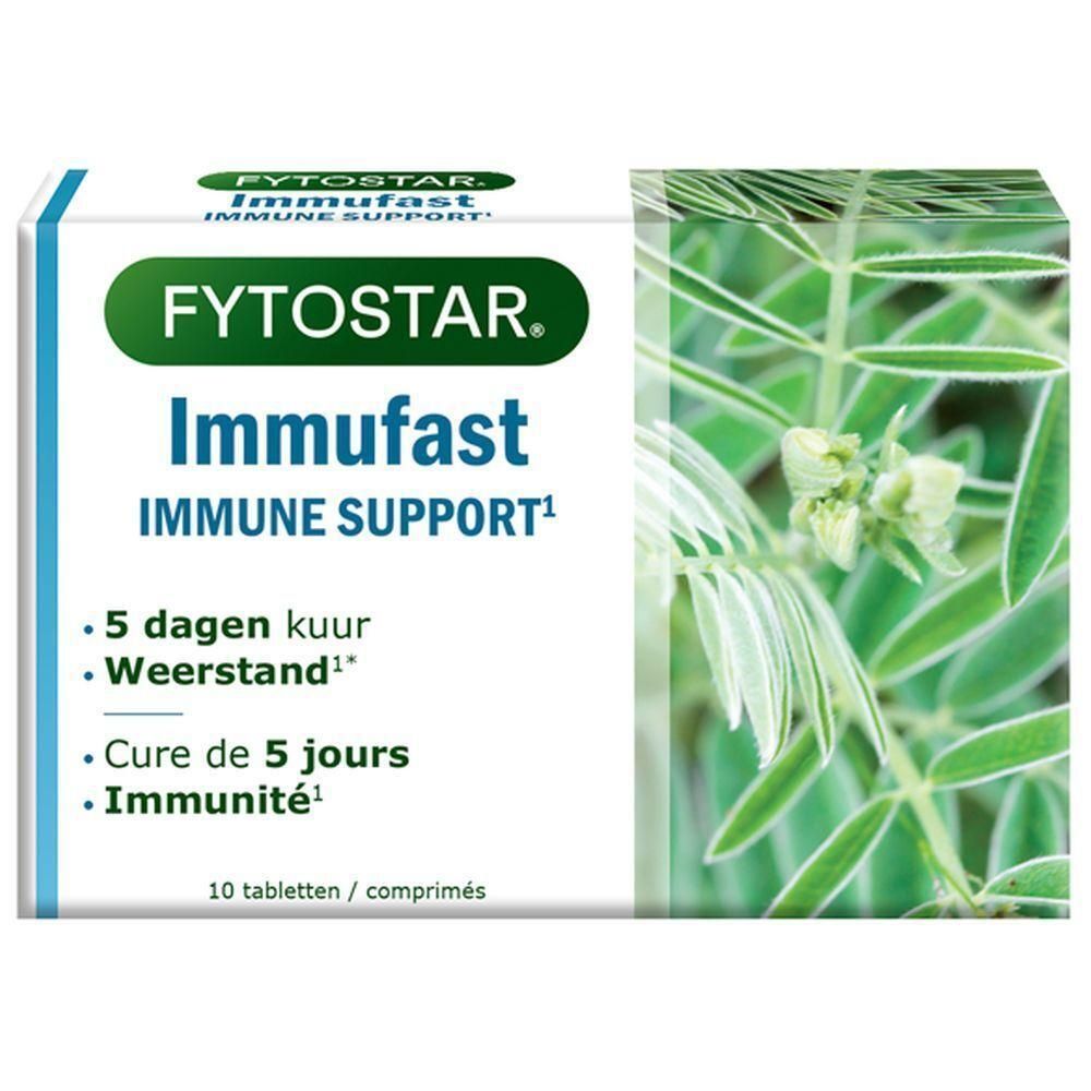 Boîte "FYTOSTAR Immufast Immune Support". Inscription : "Cure de 5 jours", "10 comprimés". Design vert et blanc avec motif végétal.
