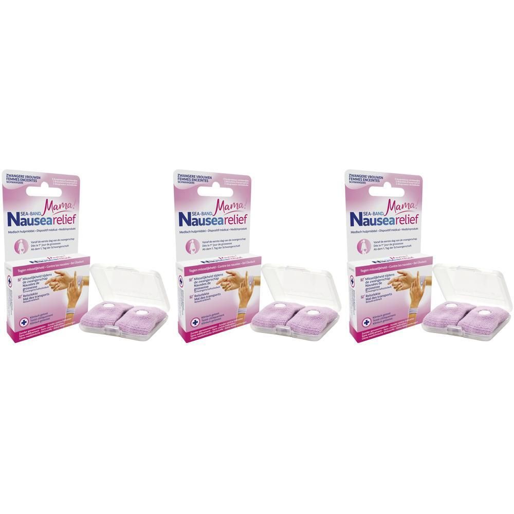 Drie verpakkingen Sea-Band Mama Nausea Relief. Elke verpakking bevat twee armbanden in een transparante plastic doos.