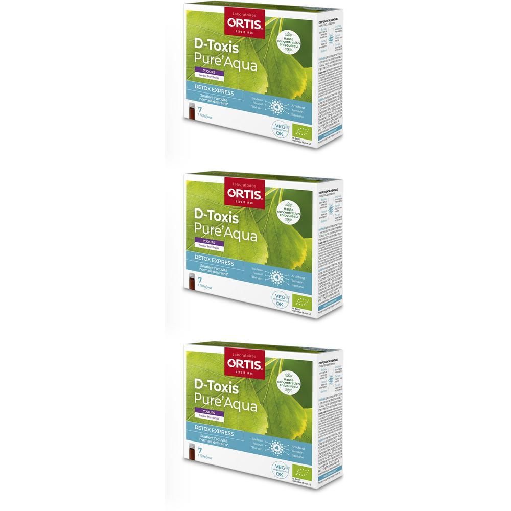 Trois boîtes Ortis D-Toxis Pure'Aqua. L'emballage présente une illustration verte et le logo. Inscription: Detox Express.
