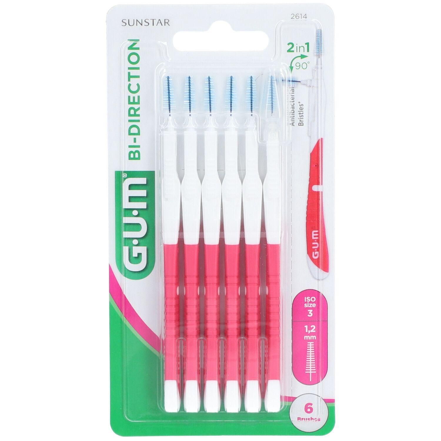 Verpakking van 6 GUM Bi-Direction tandenstokers. Witte handvatten met roze middenstuk, blauwe borstelharen. ISO maat 3, 1,2 mm.
