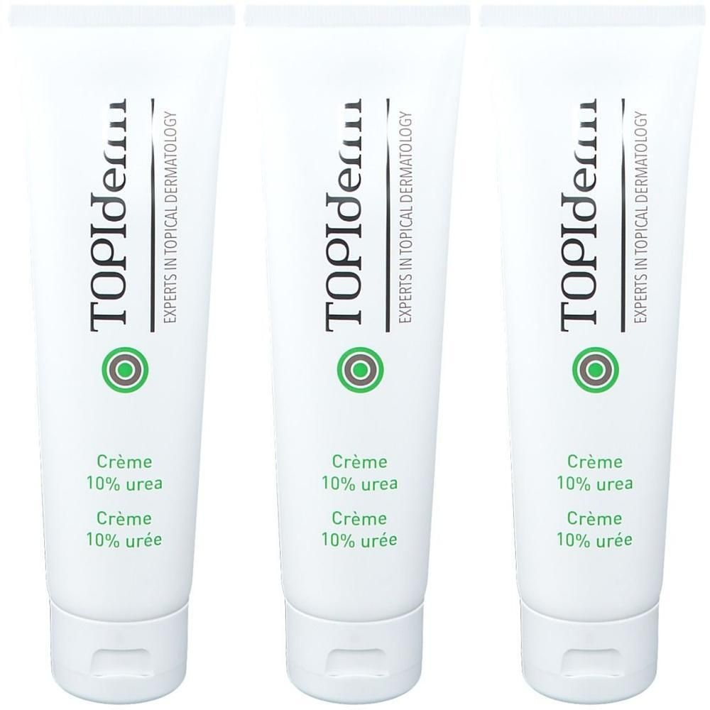 Drie witte tubes. Op elke tube staat "TOPIderm", "Crème 10% urea" en "Crème 10% urée".