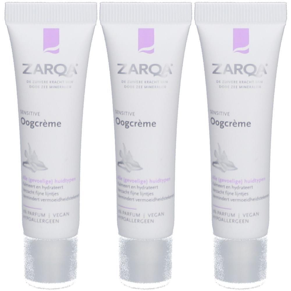 Drie tubes Zarqa® Sensitive Oogcrème. Witte tubes met paars logo en tekst. Tekst: Oogcrème, voor gevoelige huidtypen, vegan.
