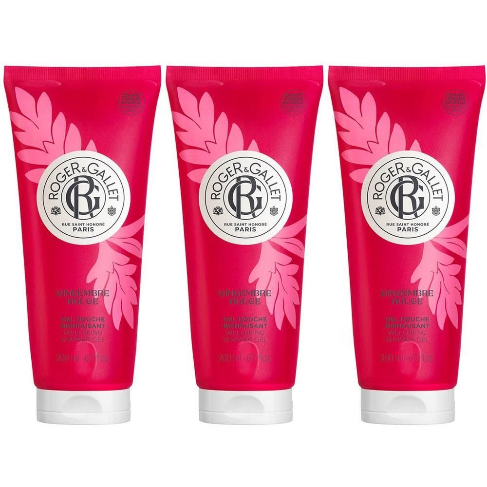 Drie roze douchegel tubes met witte dop. Logo Roger & Gallet.